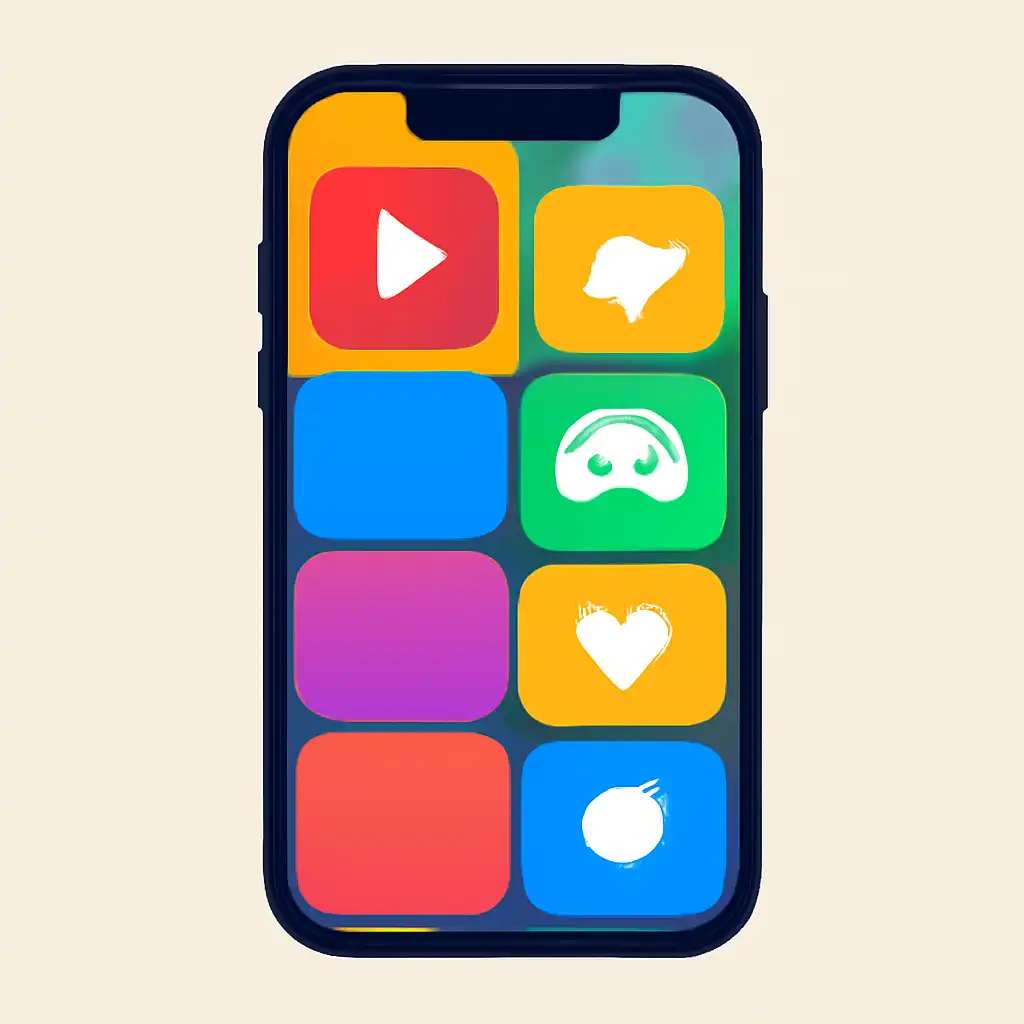 Smartphone shown from the front displaying a colourful flat layout of abstract game icons and rounded tiles (no text, no letters, no labels), 13L Game