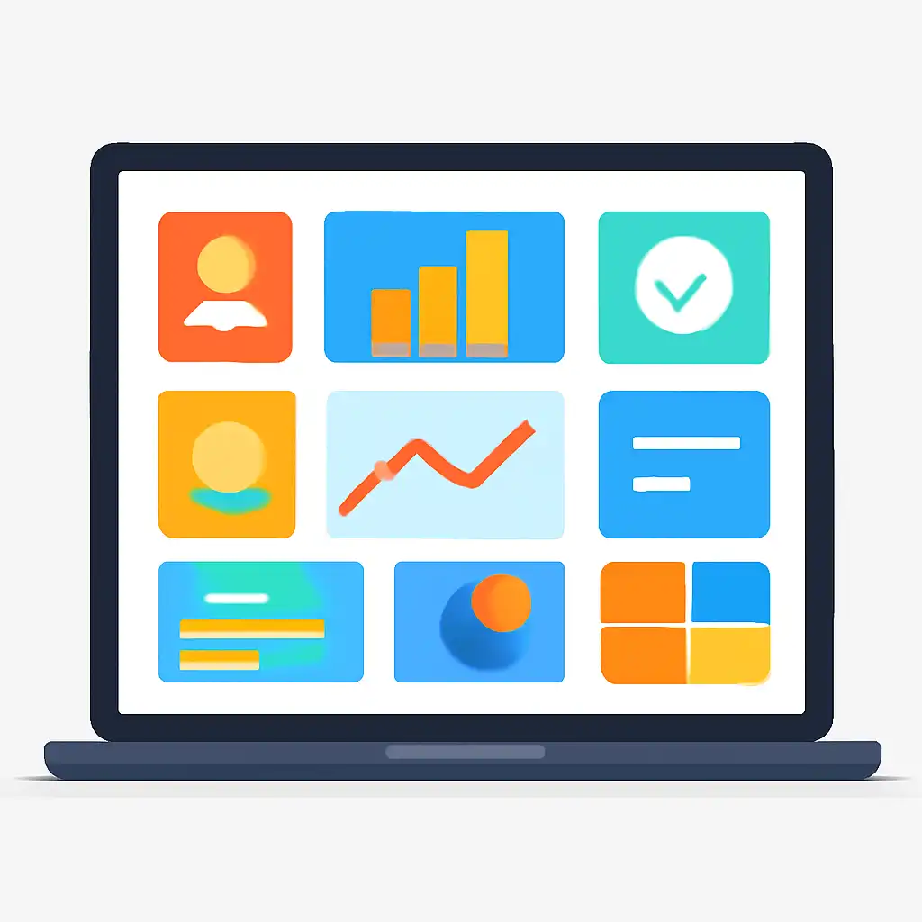 Laptop shown from the front displaying a colourful flat dashboard of abstract charts, bars and icon tiles (no text, no letters, no labels), 13L Game